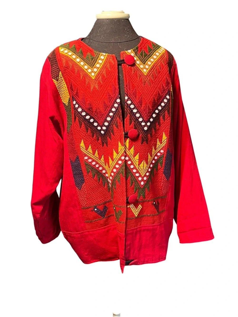 Vintage Guatemalan Red Flame Embroidered Cotton Coat Jacket XL